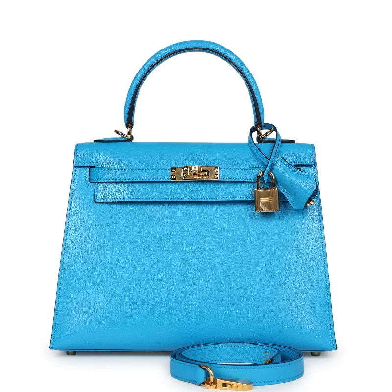 Hermes bags with customizable designs -Hermes Kelly Sellier 25 Bleu Frida Chevre Gold Hardware