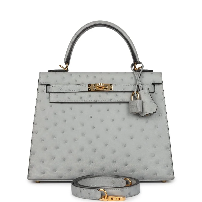 Hermes handbags with intricate patterns -Hermes Kelly Sellier 25 Bleu Glacier Ostrich Gold Hardware