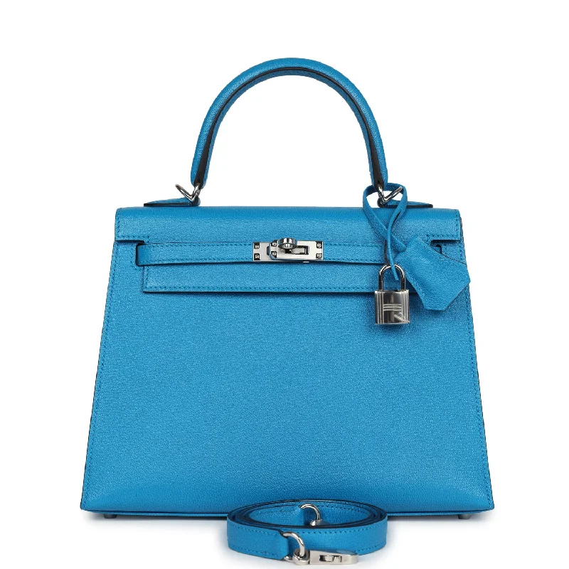 Hermes luxury bags with timeless elegance -Hermes Kelly Sellier 25 Bleu Zanzibar Chevre Palladium Hardware