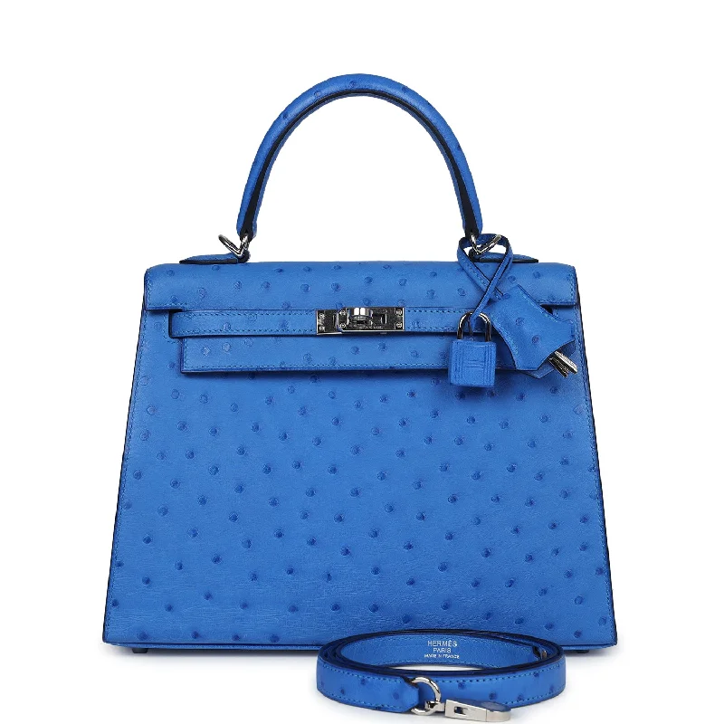 Hermes luxury handbags with signature styles -Hermes Kelly Sellier 25 Bleuet Ostrich Palladium Hardware