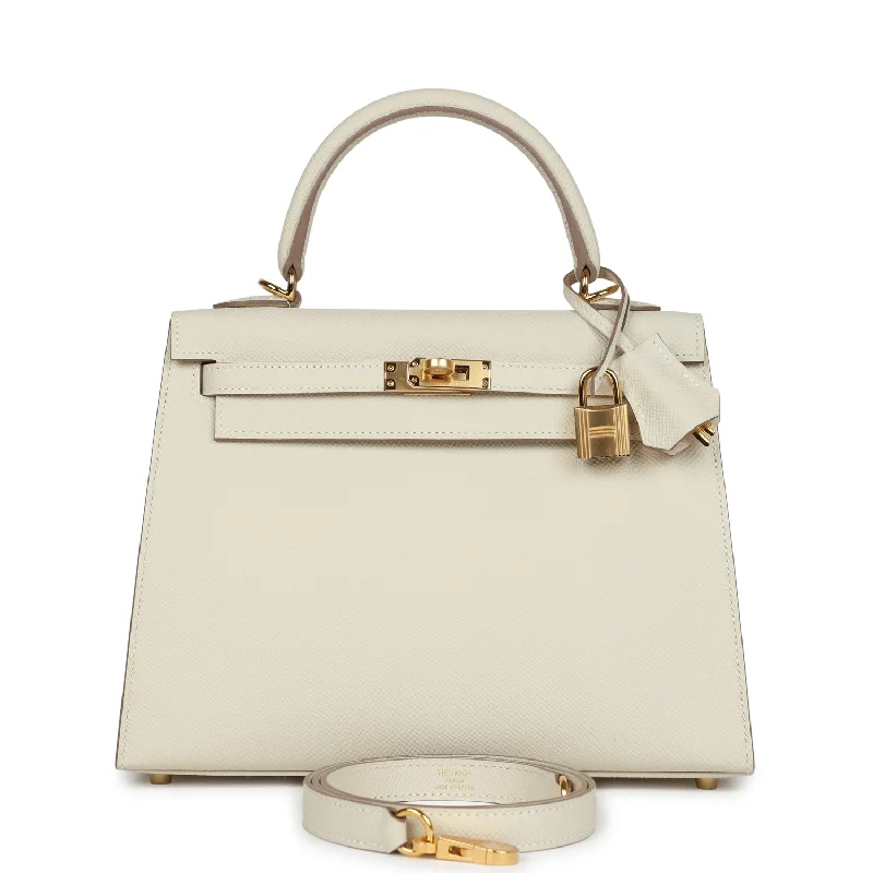 Hermes leather bags for sophisticated women -Hermes Kelly Sellier 25 Craie Epsom Gold Hardware