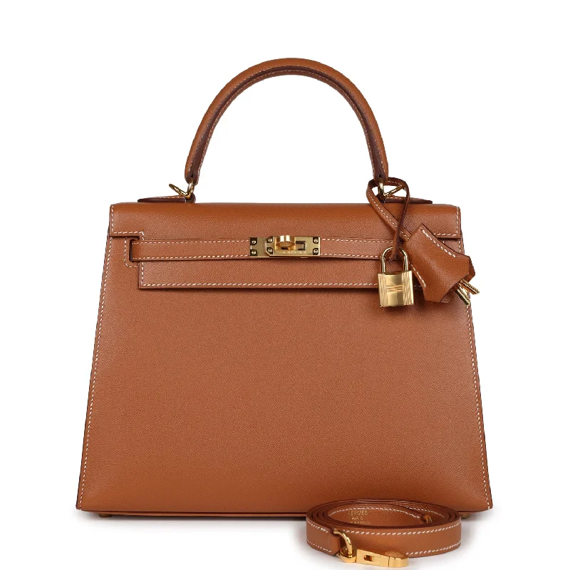 Hermes luxury bags with detailed stitching -Hermes Kelly Sellier 25 Gold Madame Gold Hardware