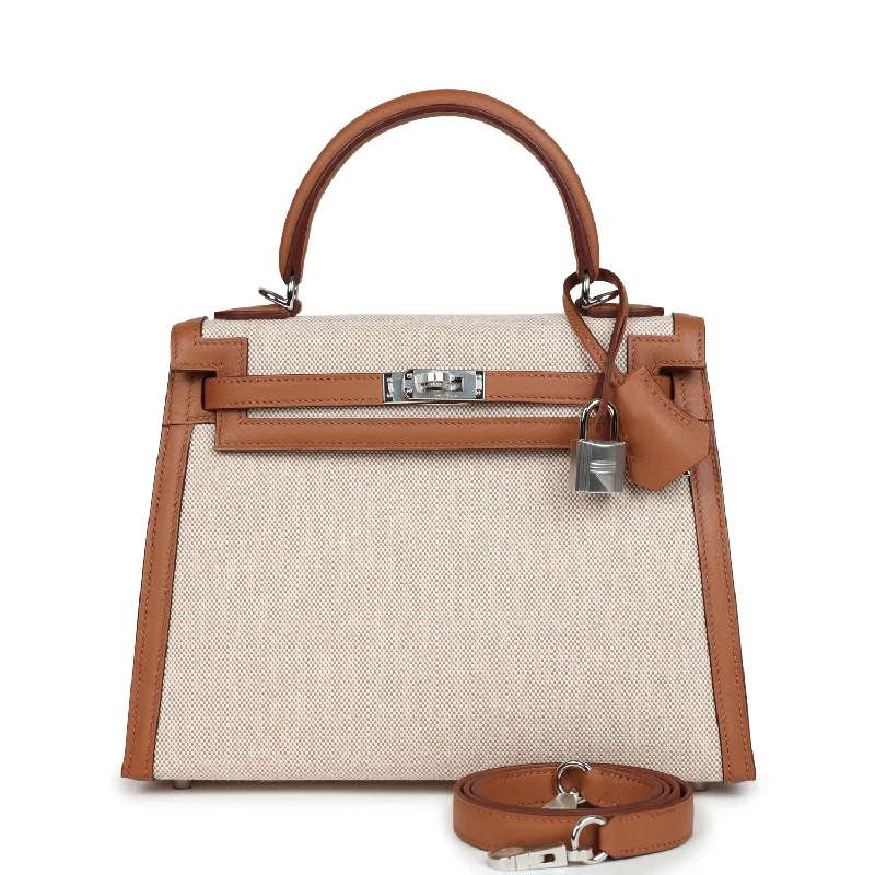 Hermes bags with premium appeal -Hermes Kelly Sellier 25 Gold Swift and Ecru Toile Palladium Hardware