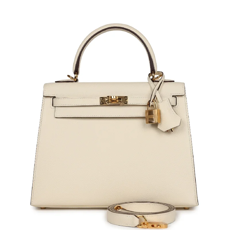 Hermes handbags with polished metal accents -Hermes Kelly Sellier 25 Nata Epsom Gold Hardware