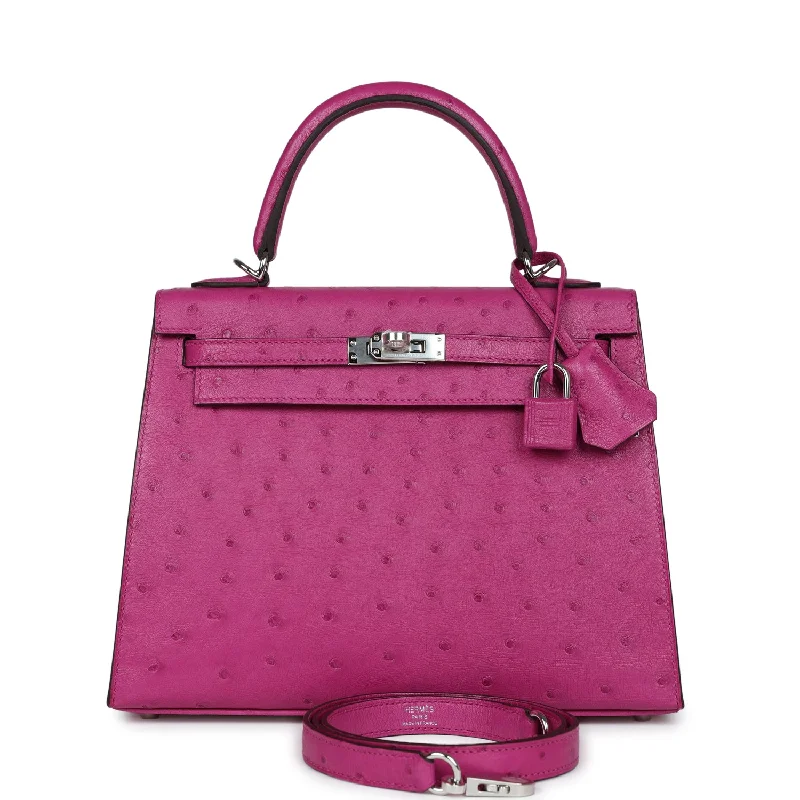 Hermes bags with polished details -Hermes Kelly Sellier 25 Rose Pourpre Ostrich Palladium Hardware