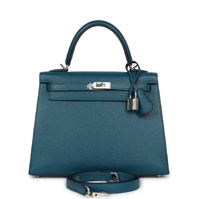 Hermes bags with intricate patterns -Hermes Kelly Sellier 25 Vert Bosphore Verso Madame Palladium Hardware