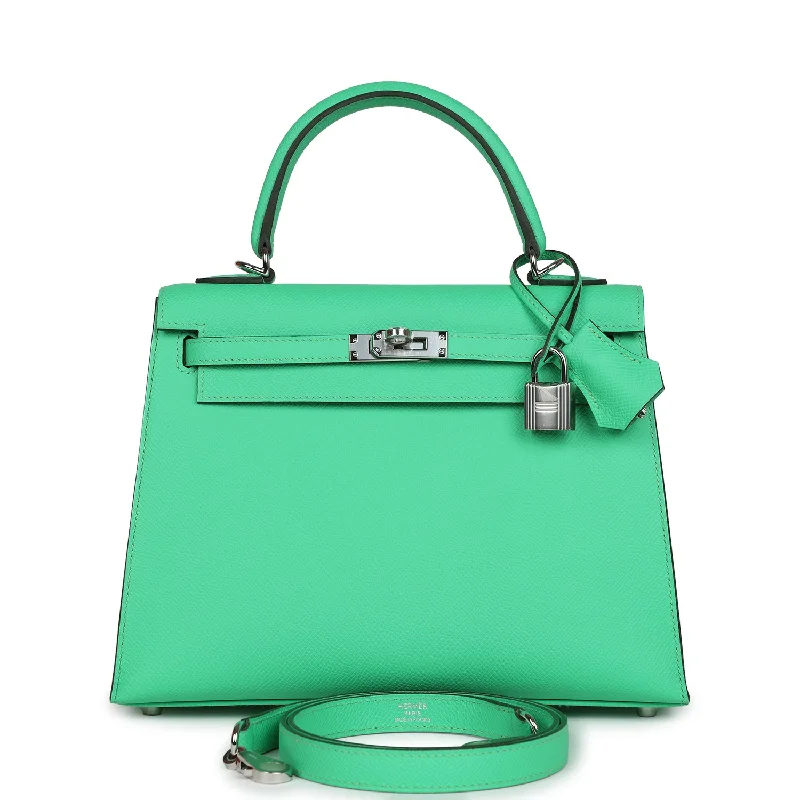 Hermes luxury handbags with woven leather -Hermes Kelly Sellier 25 Vert Comics Epsom Palladium Hardware