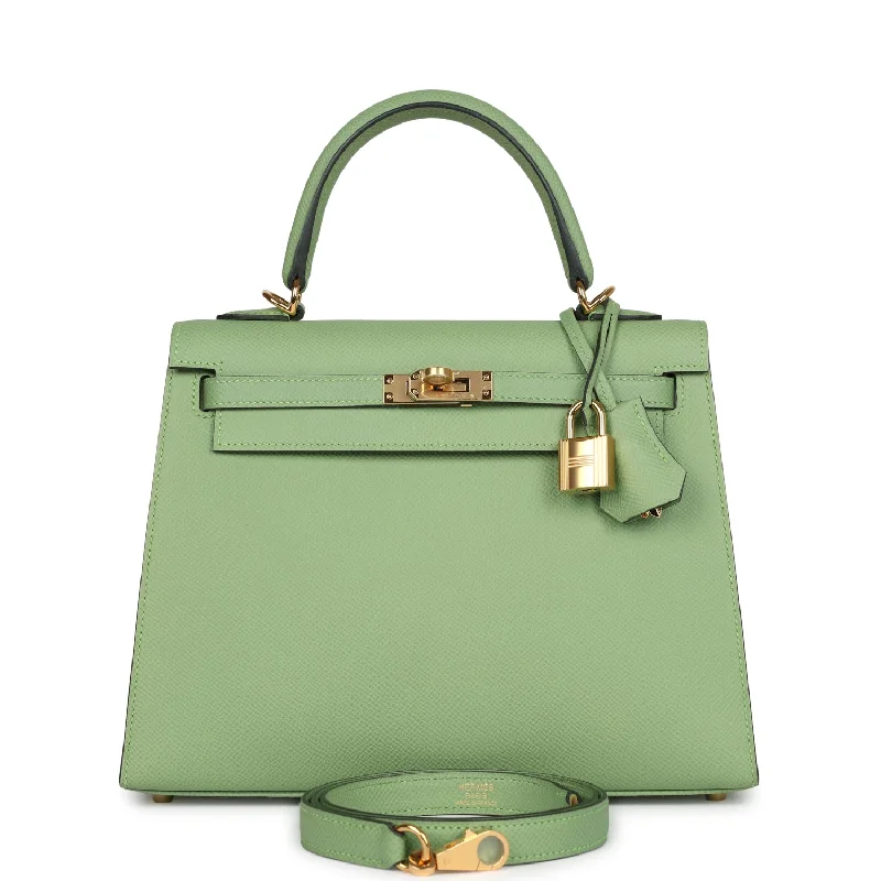 Hermes handbags with artistic touches -Hermes Kelly Sellier 25 Vert Criquet Epsom Gold Hardware