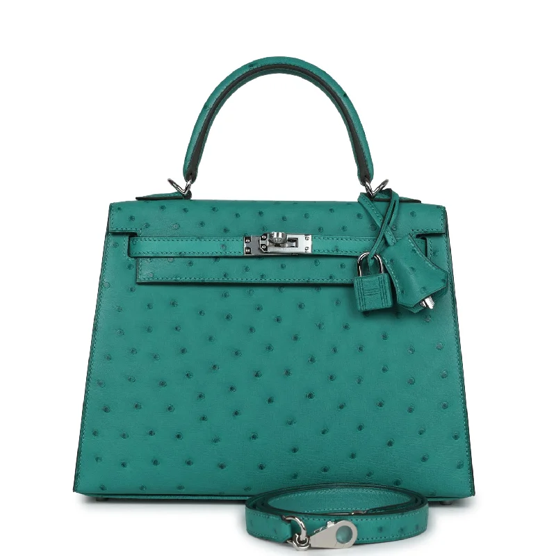 Hermes luxury handbags with bold designs -Hermes Kelly Sellier 25 Vert Verone Ostrich Palladium Hardware