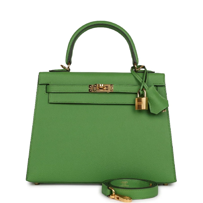 Hermes luxury handbags with iconic colors -Hermes Kelly Sellier 25 Vert Yucca Epsom Gold Hardware