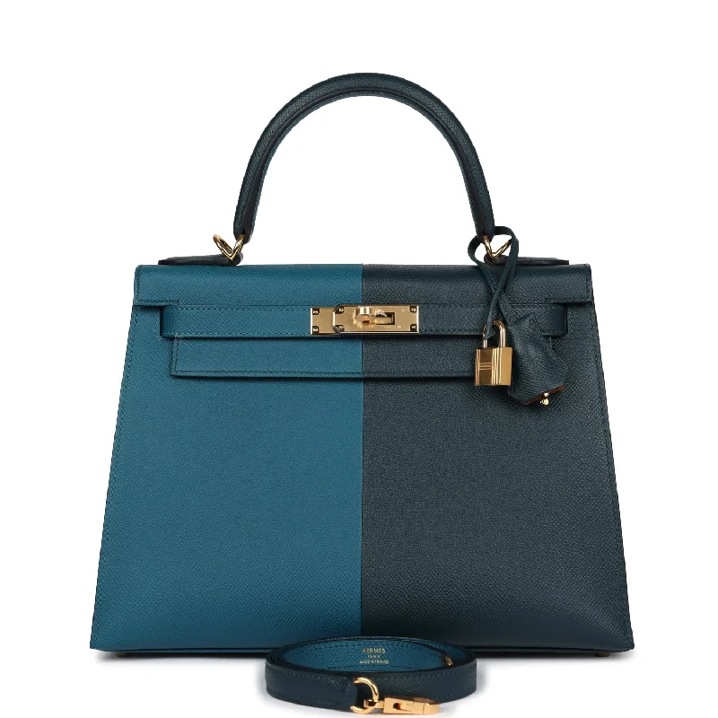 Hermes handbags with exclusive prints -Hermes Kelly Sellier 28 Casaque Vert Cypres and Vert Bosphore Epsom Gold Hardware