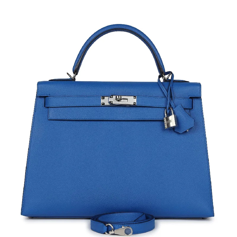 Hermes designer bags with intricate embroidery -Hermes Kelly Sellier 32 Bleu France Epsom Palladium Hardware