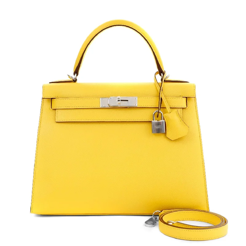 Hermes bags with intricate patterns -Hermes 28cm Jaune de Naples Epsom Sellier Kelly w/ Palladium Hardware