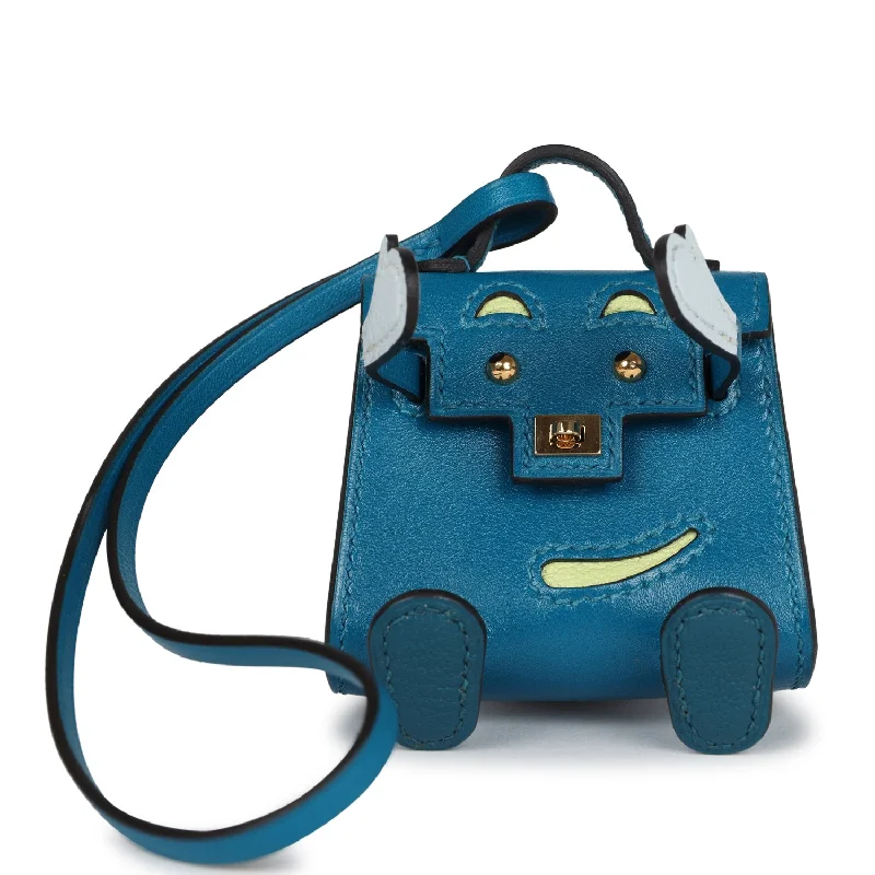 Hermes luxury handbags with woven leather -Hermes Mini Kelly Idole Bag Charm Bleu Izmir Tadelakt Gold Hardware