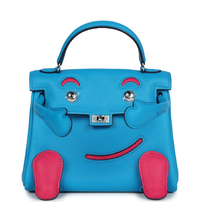 Hermes leather bags with clean lines -Hermes "Quelle Idolle" Kelly Doll Bleu Frida and Rose Extreme Swift Palladium Hardware