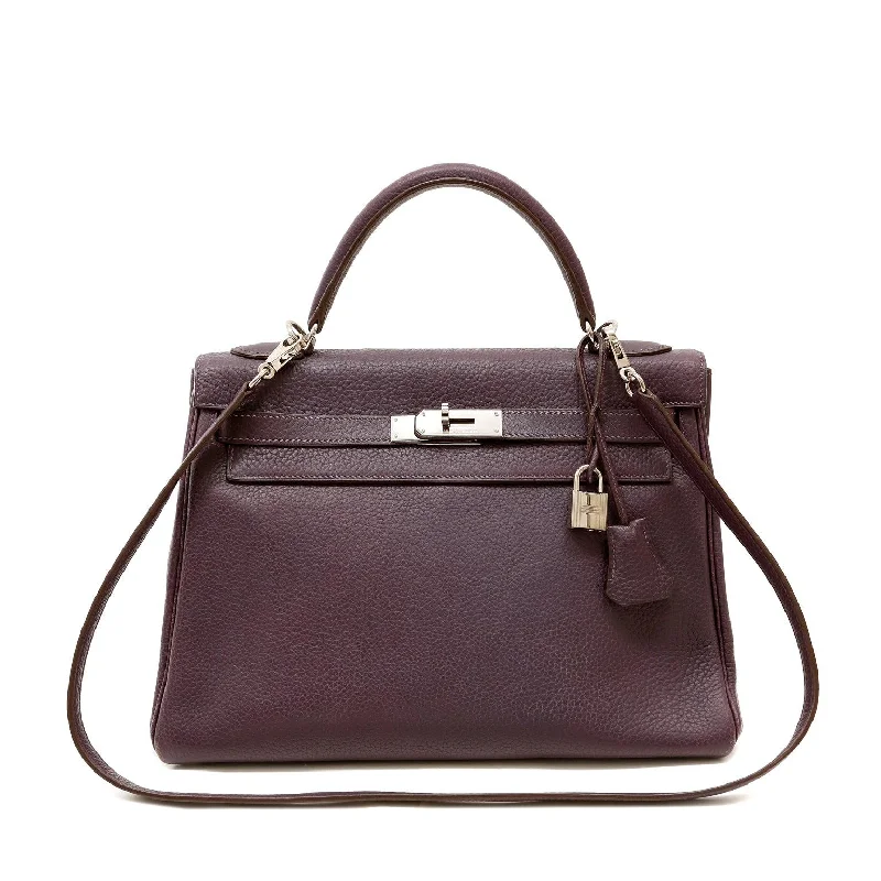 Hermes bags with minimalist designs -Hermès 32cm Raisin Clemence Kelly Bag with Palladium