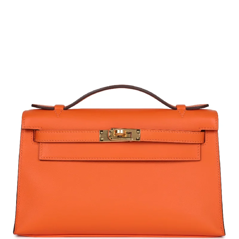 Hermes bags with premium leather finishes -Hermes Special Order (HSS) Kelly Pochette Orange Verso Swift Gold Hardware