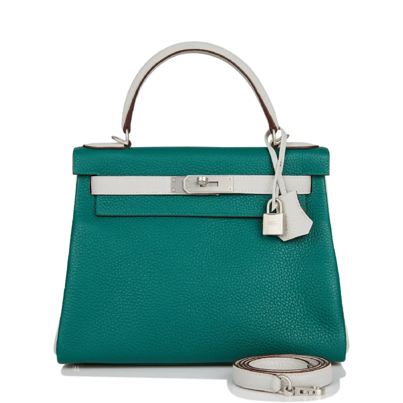 Hermes handbags with sleek designs -Hermes Special Order (HSS) Kelly Retourne 28 Malachite and Gris Perle Clemence Brushed Palladium Hardware