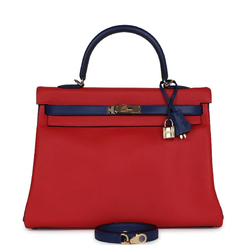 Hermes bags with minimalist designs -Hermes Special Order (HSS) Kelly Retourne 35 Vermillon and Bleu Saphir Swift Permabrass Hardware