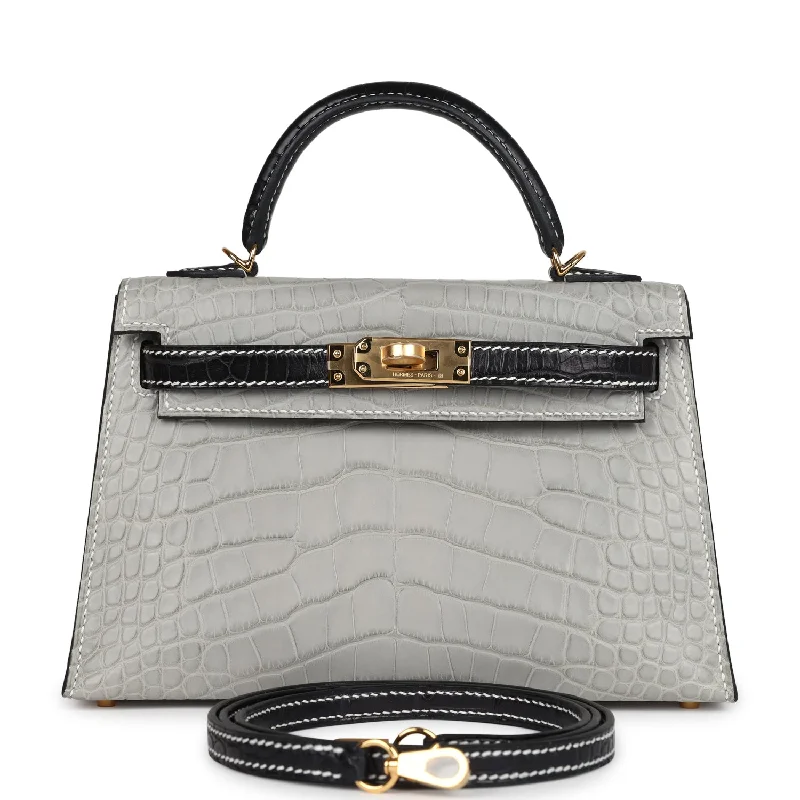 Hermes bags with top handles for women -Hermes Special Order (HSS) Kelly Sellier 20 Gris Perle and Black Matte Alligator Gold Hardware