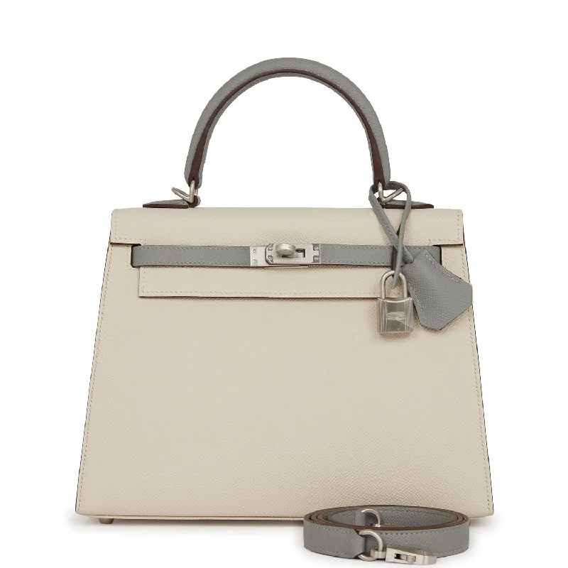 Hermes leather handbags with detailed stitching -Hermes Special Order (HSS) Kelly Sellier 25 Craie and Gris Mouette Epsom Brushed Palladium Hardware