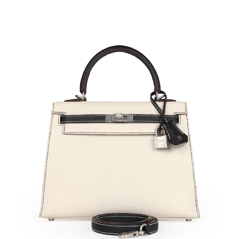 Hermes luxury handbags with modern sophistication -Hermes Special Order (HSS) Kelly Sellier 25 Nata and Black Chevre Mysore Brushed Palladium Hardware