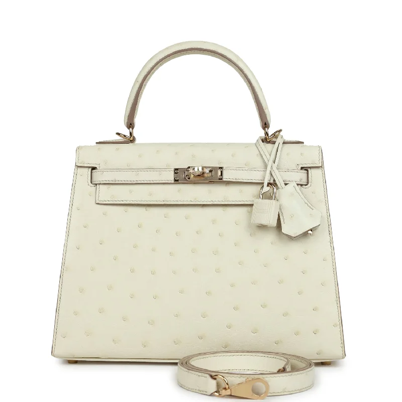 Hermes bags for statement style -Hermes Special Order (HSS) Kelly Sellier 25 Nata Verso Ostrich Permabrass Hardware