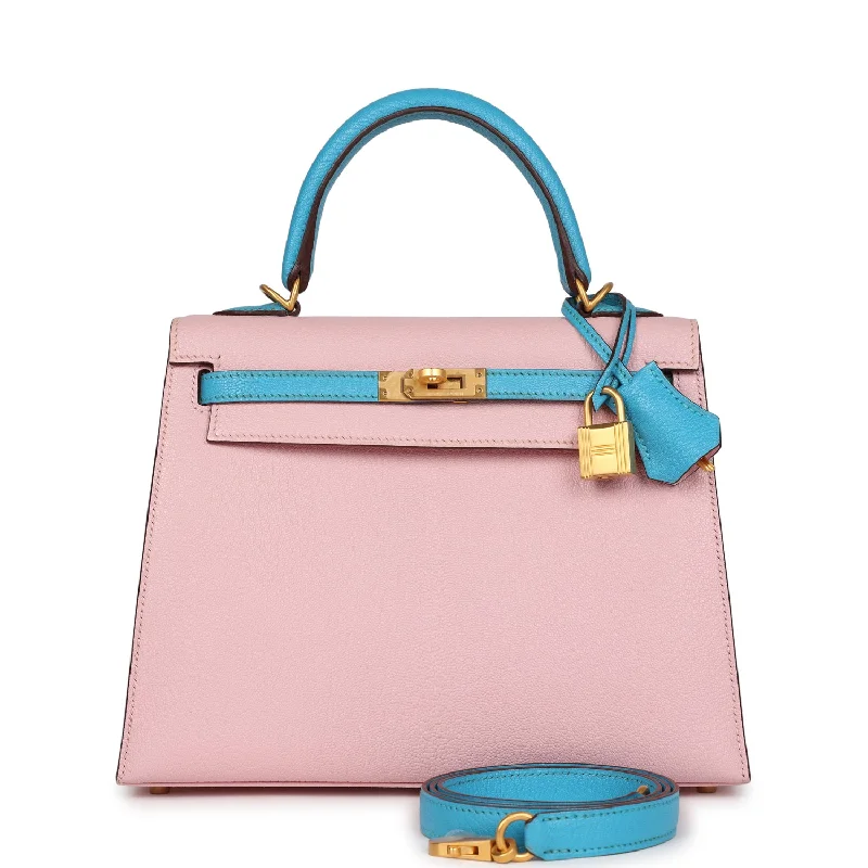 Hermes handbags for a high-end wardrobe -Hermes Special Order (HSS) Kelly Sellier 25 Rose Sakura and Bleu Aztec Chevre Brushed Gold Hardware