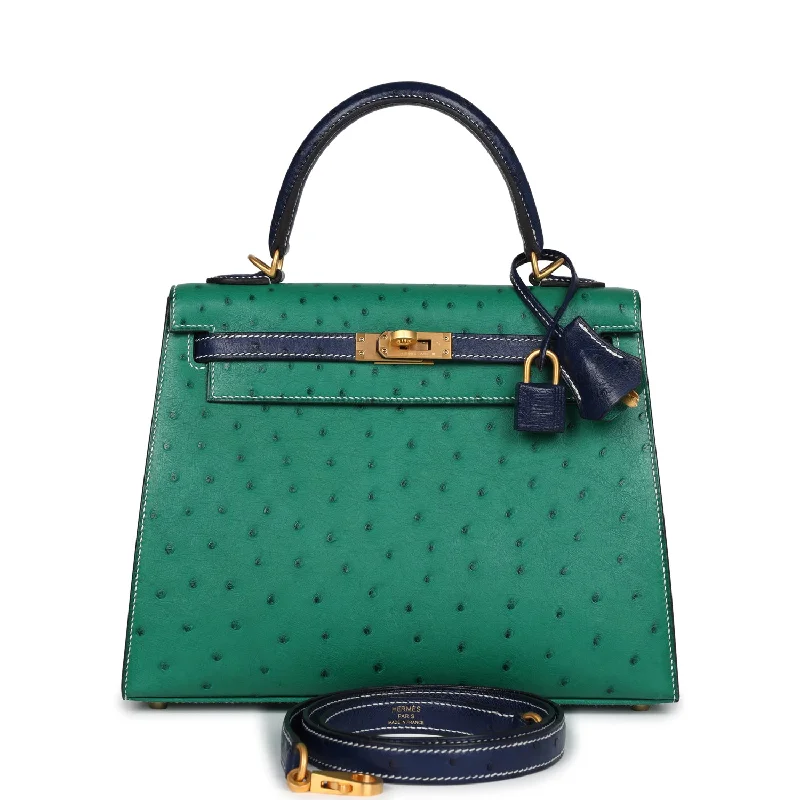 Hermes designer bags with modern chic appeal -Pre-owned Hermes Special Order (HSS) Kelly Sellier 25 Vert Vertigo and Bleu Iris Ostrich Brushed Gold Hardware