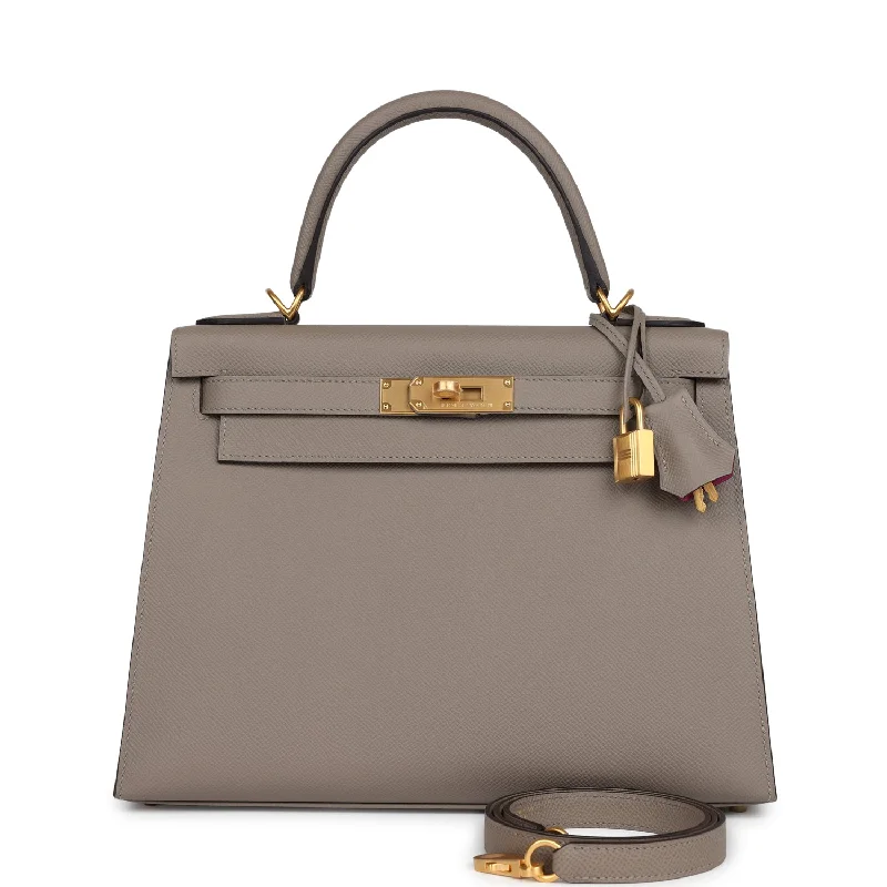 Hermes designer handbags with bold details -Hermes Special Order (HSS) Kelly Sellier 28 Gris Asphalte Verso Epsom Brushed Gold Hardware