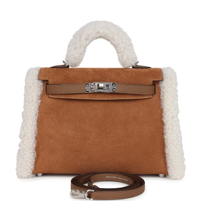 Hermes handbags with stylish textures -Hermes Teddy Kelly 20 Chamois Shearling and Swift Palladium Hardware