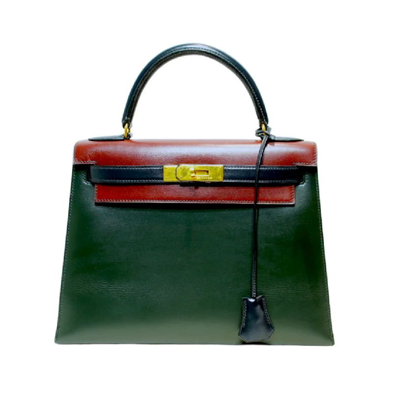 Hermes handbags for the fashion elite -Hermès Vintage 28cm Bordeaux / Vert Fonce / Navy Box Calf Kelly w/ Gold Hardware