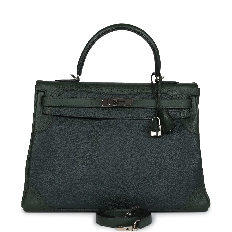 Hermes handbags for special edition designs -Pre-owned Hermes Ghillies Kelly 35 Retourne Vert Fonce Clemence and Vert Anglais Evercolor Palladium Hardware