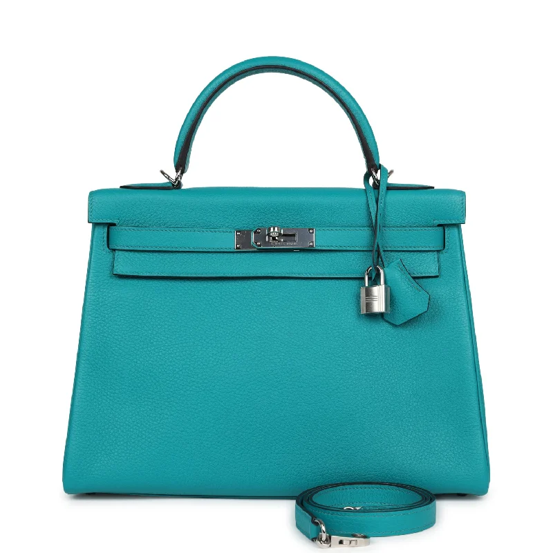 Hermes bags with exotic leather designs -Pre-owned Hermes Kelly Retourne 32 Bleu Paon Clemence Palladium Hardware