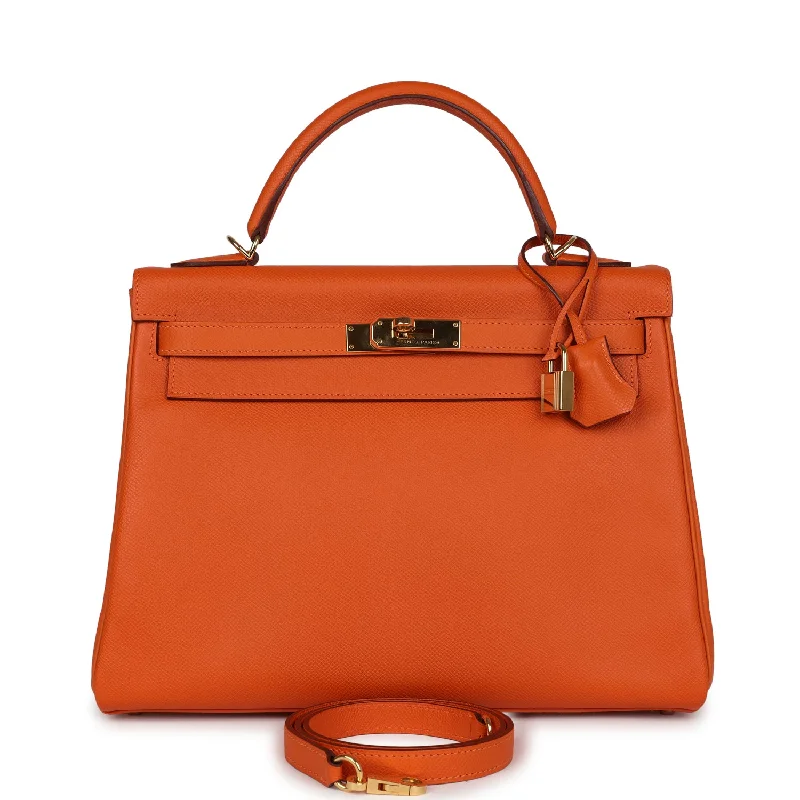 Hermes handbags with premium quality leather -Pre-owned Hermes Kelly Retourne 32 Orange H Epsom Gold Hardware