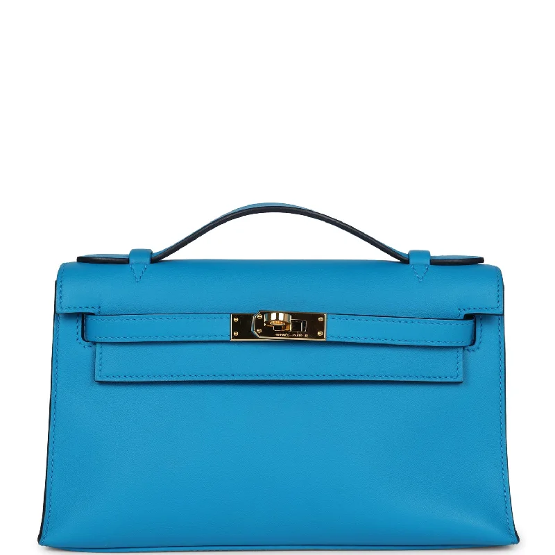 Hermes bags for high-end fashion lovers -Pre-owned Hermes Kelly Pochette Bleu Frida Swift Gold Hardware