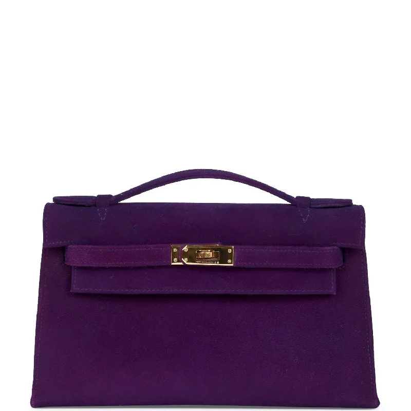 Hermes bags with top handles for women -Pre-owned Hermes Kelly Pochette Violet Doblis Gold Hardware