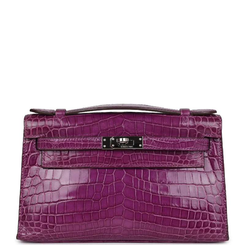 Hermes women’s handbags for sale -Pre-owned Hermes Kelly Pochette Violet Shiny Niloticus Crocodile Palladium Hardware