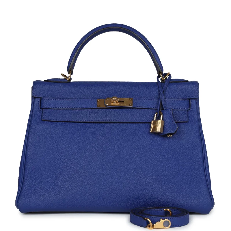 Hermes handbags for sophisticated styling -Pre-owned Hermes Kelly Retourne 32 Bleu Electric Togo Gold Hardware