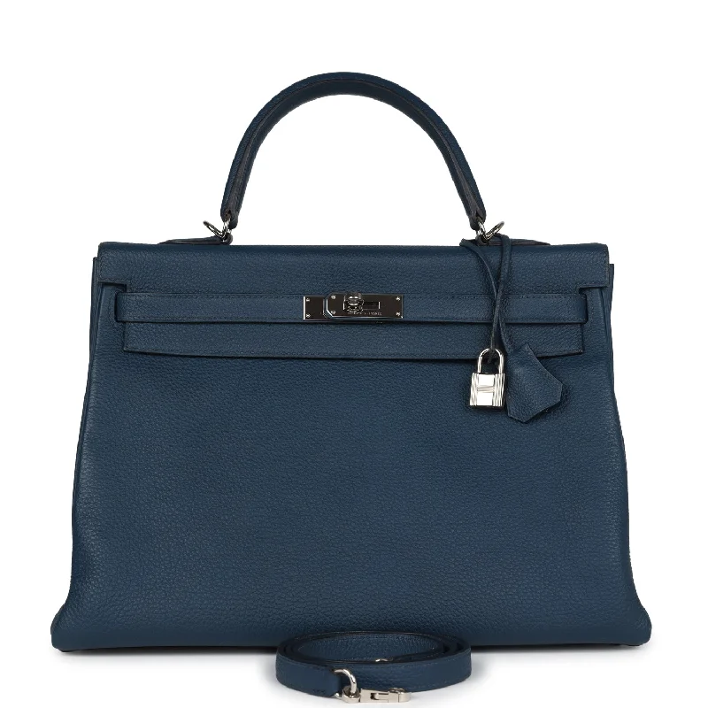 Hermes bags with detailed leather patterns -Pre-owned Hermes Kelly Retourne 35 Bleu De Prusse Togo Palladium Hardware