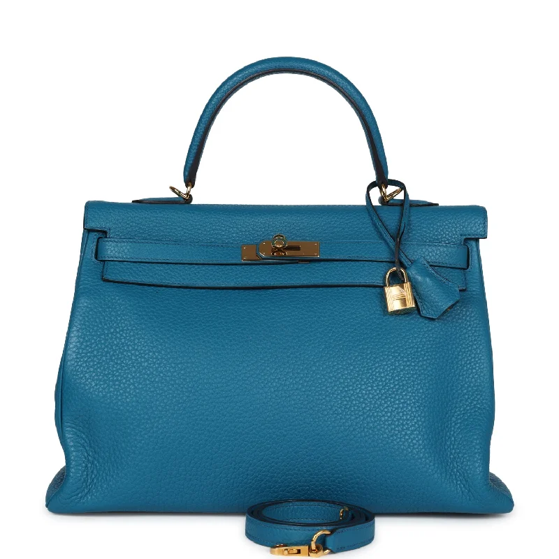 Hermes handbags with handcrafted detailing -Pre-owned Hermes Kelly Retourne 35 Cobalt Clemence Gold Hardware