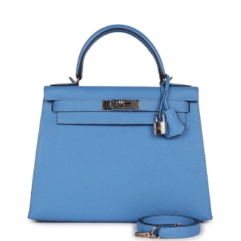 Hermes handbags with geometric designs -Pre-owned Hermes Kelly Sellier 28 Bleu Azur Epsom Palladium Hardware