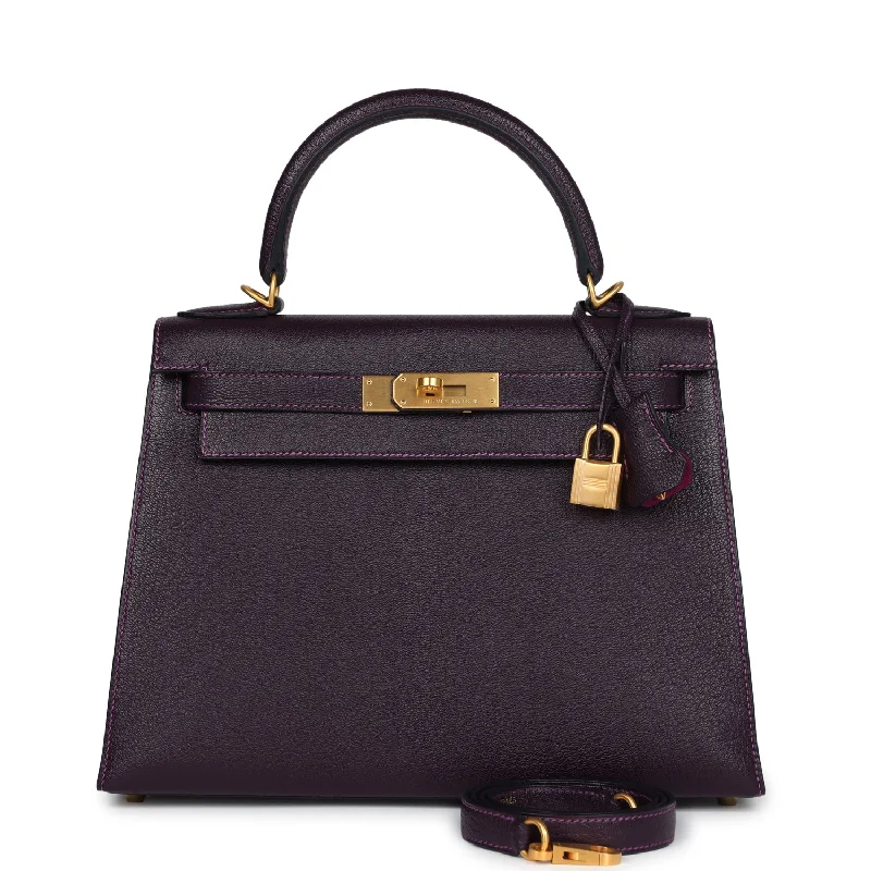 Hermes handbags with premium leather -Pre-owned Hermes Special Order (HSS) Kelly Sellier 28 Raisin Verso Chevre Brushed Gold Hardware