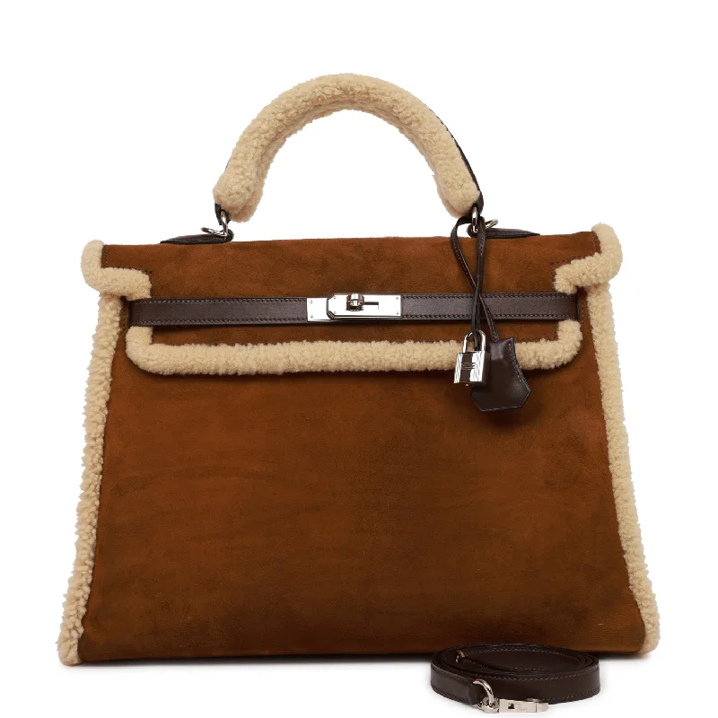 Hermes handbags with premium leather -Pre-owned Hermes Teddy Kelly 35 Shearling and Ebene Barenia Palladium Hardware