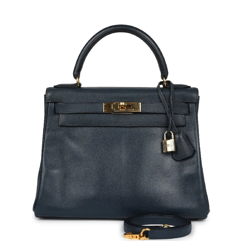 Hermes bags with luxurious texture -Vintage Hermes Kelly Retourne 28 Bleu Marine Courchevel Gold Hardware