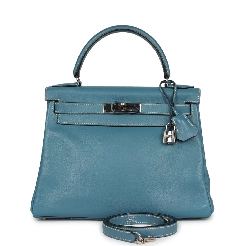 Hermes bags for statement style -Vintage Hermes Kelly Retourne 28 Blue Jean Gulliver Palladium Hardware