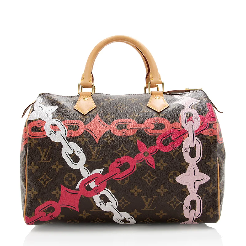 Louis Vuitton bags with statement-making finishes -Louis Vuitton Limited Edition Monogram Canvas Chain Flower Speedy 30 Satchel (SHF-18397)