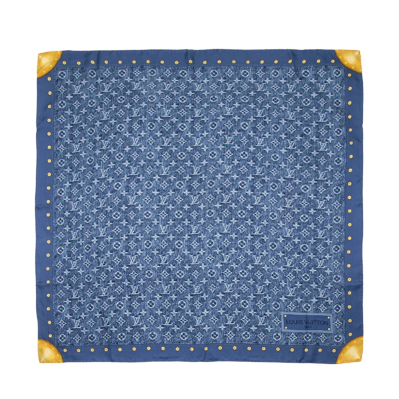 Louis Vuitton bags with stylish chain straps -Louis Vuitton Silk Monogram Denim Bandana 90cm Scarf (SHF-3WyzcD)